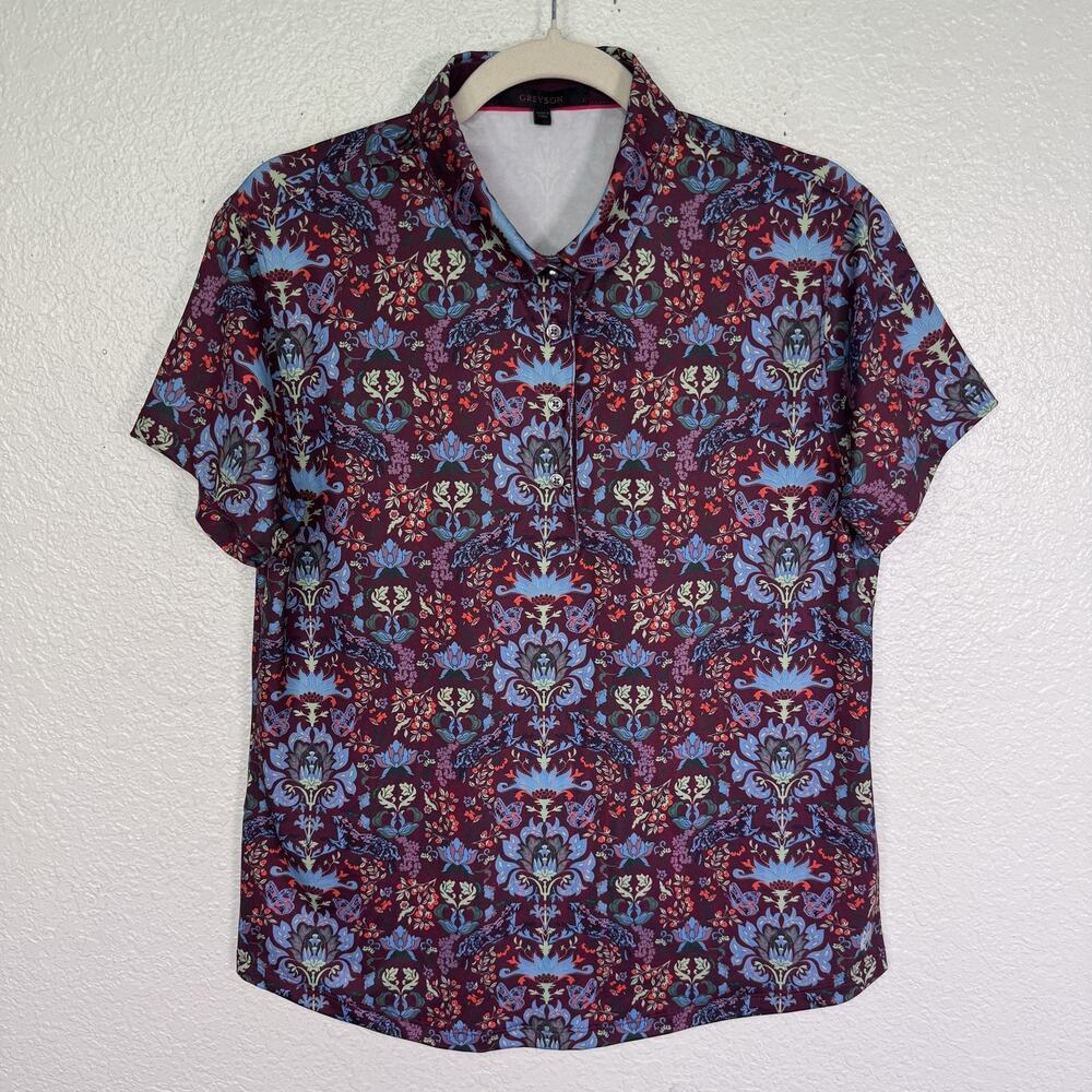 Greyson Shirt Womens Large La Vie En Rose Scarlett Golf Polo Floral Animal Print